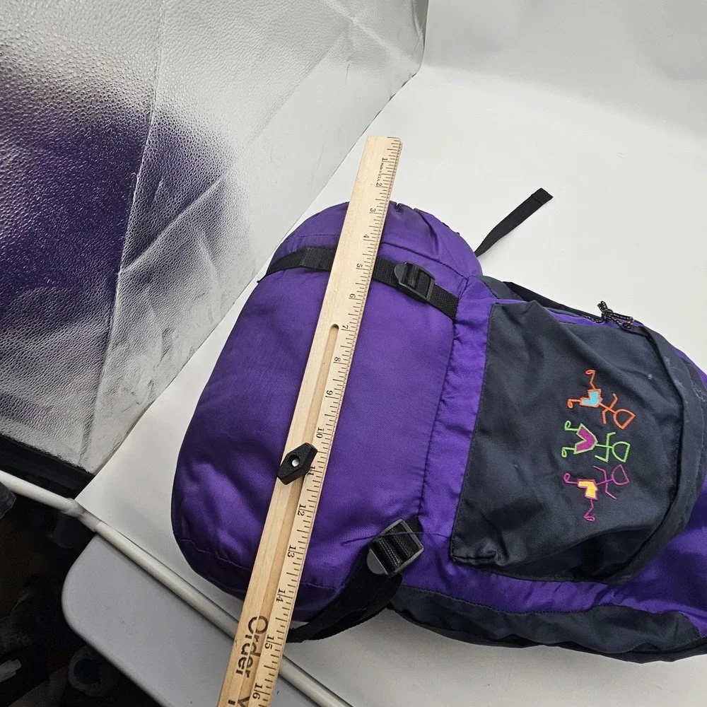 Vintage Kids Sleeping Bag‎ Small Backpack Carrier Purple Stick Figure Camping